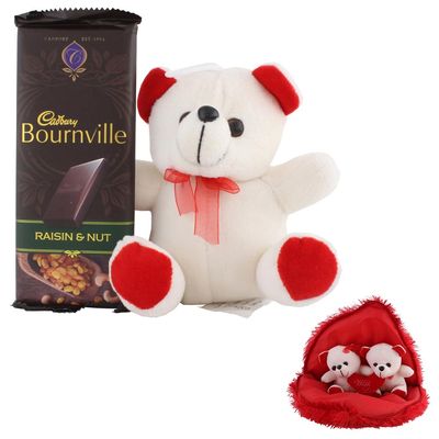 SFU E Com Bournville Chocolate With Cute Teddy | Valentine Gift Combo With Pair Heart Teddy Bear | Valentine Chocolate Gift For Boy Friend, Girl Friend, Fiance, Husband, Wife | 343