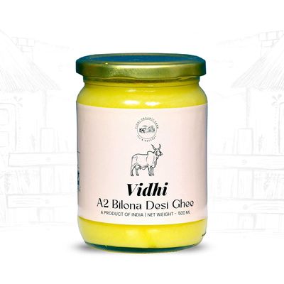 A2 Desi Cow Ghee| Bilona Method | Premium A2 Gir Cow Cultured Ghee |Natural & Healthy, Non-GMO | Lab Certified | Glass Bottle Packaging | Vidhi Amrit Farm (500 ML)