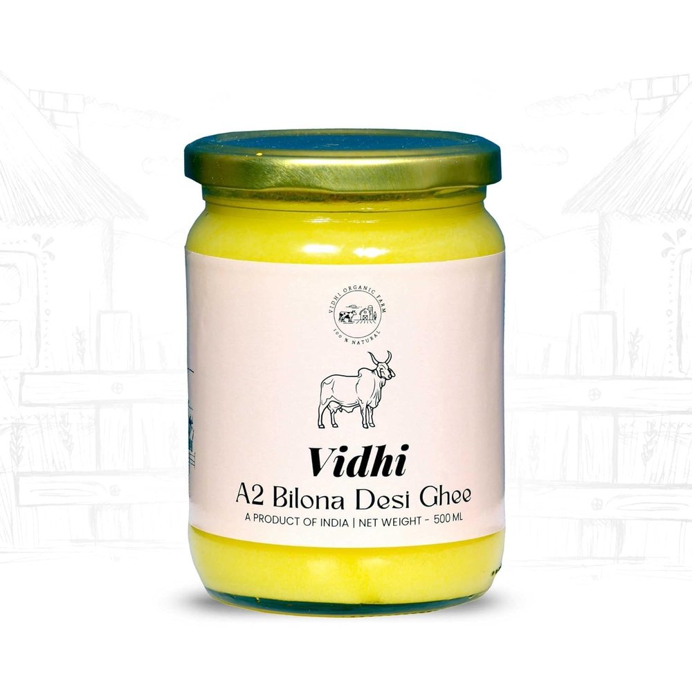 A2 Desi Cow Ghee| Bilona Method | Premium A2 Gir Cow Cultured Ghee |Natural & Healthy, Non-GMO | Lab Certified | Glass Bottle Packaging | Vidhi Amrit Farm (500 ML)