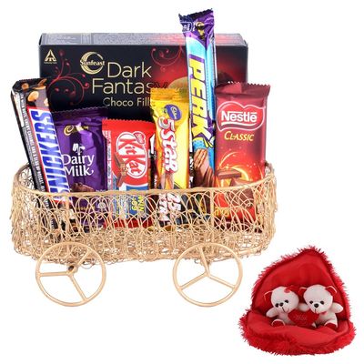 SFU E Com Handcrafted Metal Wire Cart With Loaded Chocolates | Valentine Gift Combo With Pair Heart Teddy Bear | 585