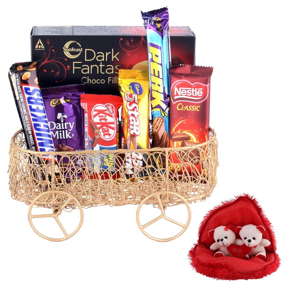 SFU E Com Handcrafted Metal Wire Cart With Loaded Chocolates | Valentine Gift Combo With Pair Heart Teddy Bear | 585