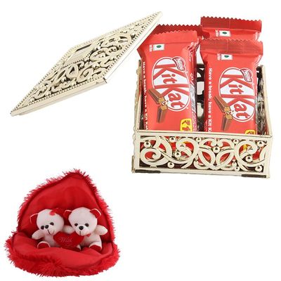 SFU E Com Kitkat Chocolate Gift Hamper | Valentine Gift Combo With Pair Heart Teddy Bear | Valentine Chocolate Gift For Boy Friend, Girl Friend, Fiance, Husband, Wife | 1111