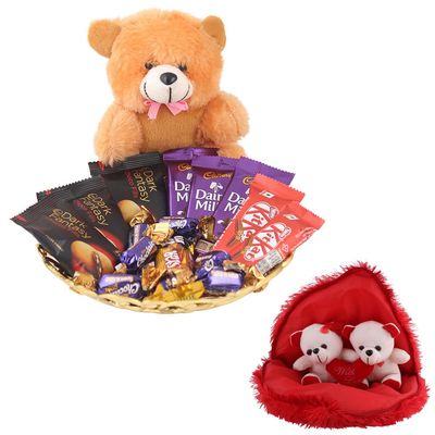 SFU E Com Chocolate With Cute Teddy Hamper | Valentine Gift Combo With Pair Heart Teddy Bear | Valentine Chocolate Gift For Boy Friend, Girl Friend, Fiance, Husband, Wife | 1084