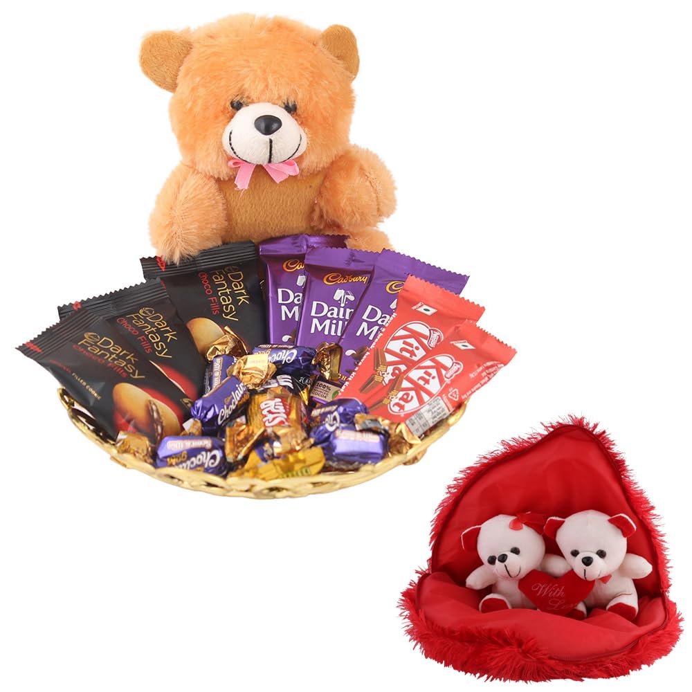 SFU E Com Chocolate With Cute Teddy Hamper | Valentine Gift Combo With Pair Heart Teddy Bear | Valentine Chocolate Gift For Boy Friend, Girl Friend, Fiance, Husband, Wife | 1084