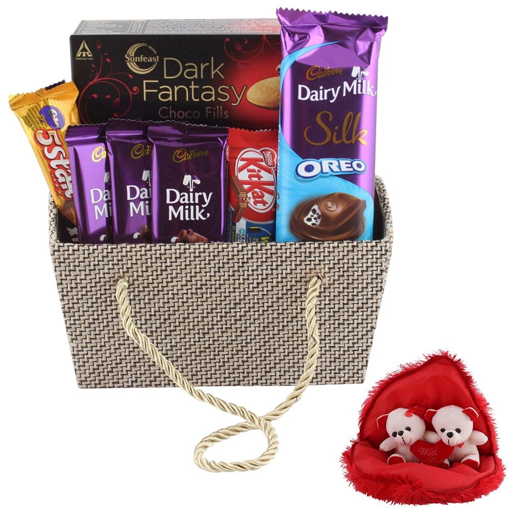 SFU E Com Chocolates & Dark Fantasy Choco Fills Gift Basket Hamper | Valentine Gift Combo With Pair Heart Teddy Bear | 838