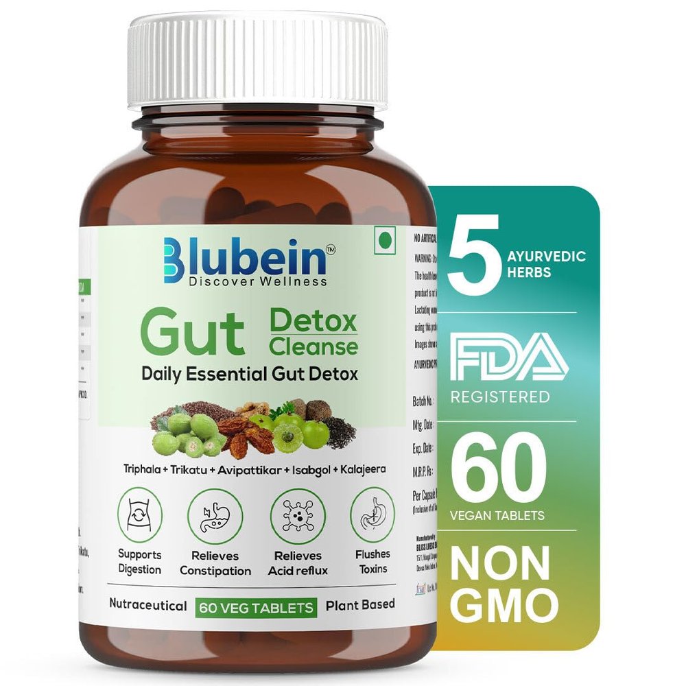 Blubein Gut Detox | Cleanse Plant-Based Tablets for Men & Women | Reduces Acidity, Constipation & Supports Digestion With Ayurvedic Herbs Enhances Gut Health | 60 Veg Tablets