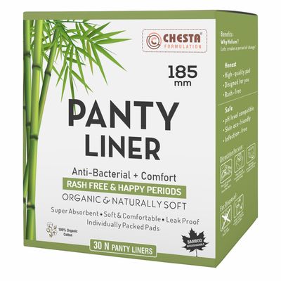 CHESTA FORMULATION Anti Bacterial+Comfort Panty Liners For Women 100% Cotton Organic And Soft Curvy Design For Best Comfort With Ultra Soakage And LeakProof Size-180mm [1 Box- Pack Of 30]