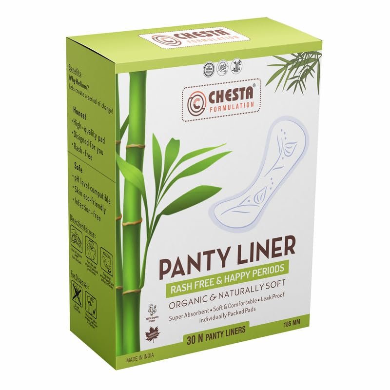 Chesta Formulation Panty Liners For Women 100% Cotton Organic And Soft Curvy Design For Best Comfort With LeakProof And Ultra Soakage Size-180mm [1 Box- Pack Of 30]