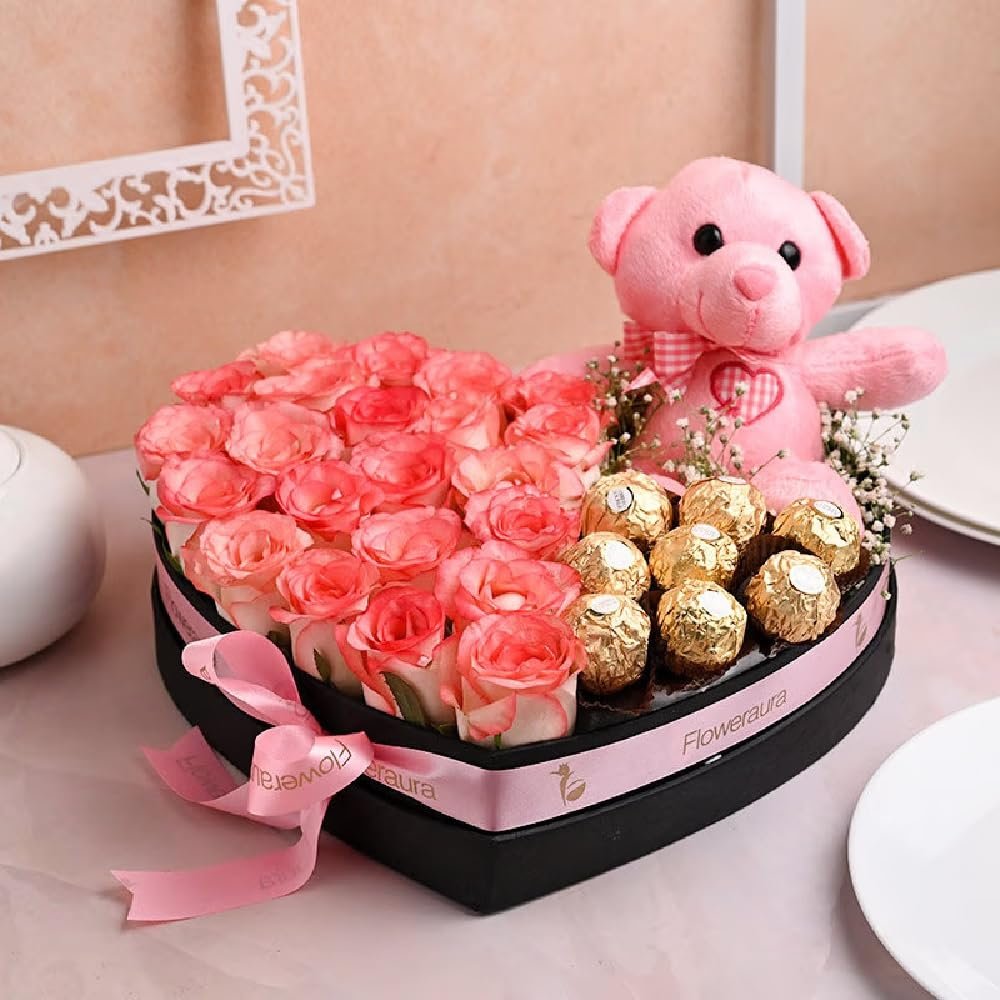 FlowerAura Decorative Bunch Of Fresh Live 20 Pink Rose With Pack of 8 Chocolate & Cute Teddy Bear In Heart Shape Box Valentine's Day Gifts For Girlfriend, Boyfriend, Husband & Wife (Same Day Delivery)