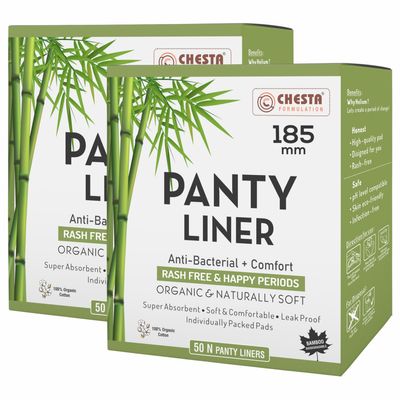 CHESTA FORMULATION Anti Bacterial+Comfort Panty Liners For Women 100% Cotton Organic And Soft Curvy Design For Best Comfort With Ultra Soakage And LeakProof Size-180mm [2 Box- Pack Of 50]