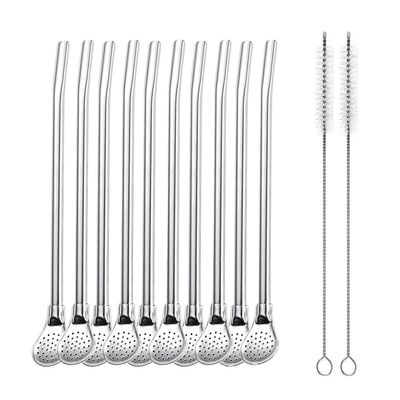 AUGEN Reusable Straws Spoon for Yerba Mate Stainless Steel Straw Spoon Filter Strainers for Loose Tea, Coffee Stirrers, Smoothie Slushy Straws (10 Straws & 2 Cleaning Brush) (Silver)