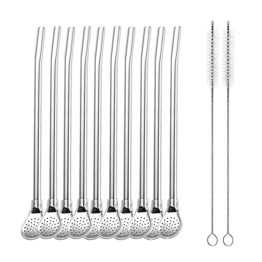 AUGEN Reusable Straws Spoon for Yerba Mate Stainless Steel Straw Spoon Filter Strainers for Loose Tea, Coffee Stirrers, Smoothie Slushy Straws (10 Straws & 2 Cleaning Brush) (Silver)