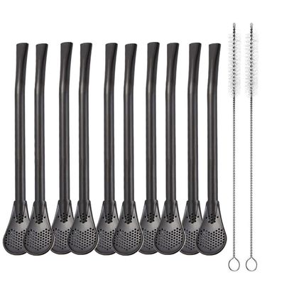 AUGEN Reusable Straws Spoon for Yerba Mate Stainless Steel Straw Spoon Filter Strainers for Loose Tea, Coffee Stirrers, Smoothie Slushy Straws (10 Straws & 2 Cleaning Brush) (Black)