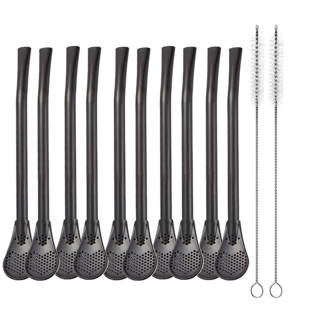 AUGEN Reusable Straws Spoon for Yerba Mate Stainless Steel Straw Spoon Filter Strainers for Loose Tea, Coffee Stirrers, Smoothie Slushy Straws (10 Straws & 2 Cleaning Brush) (Black)