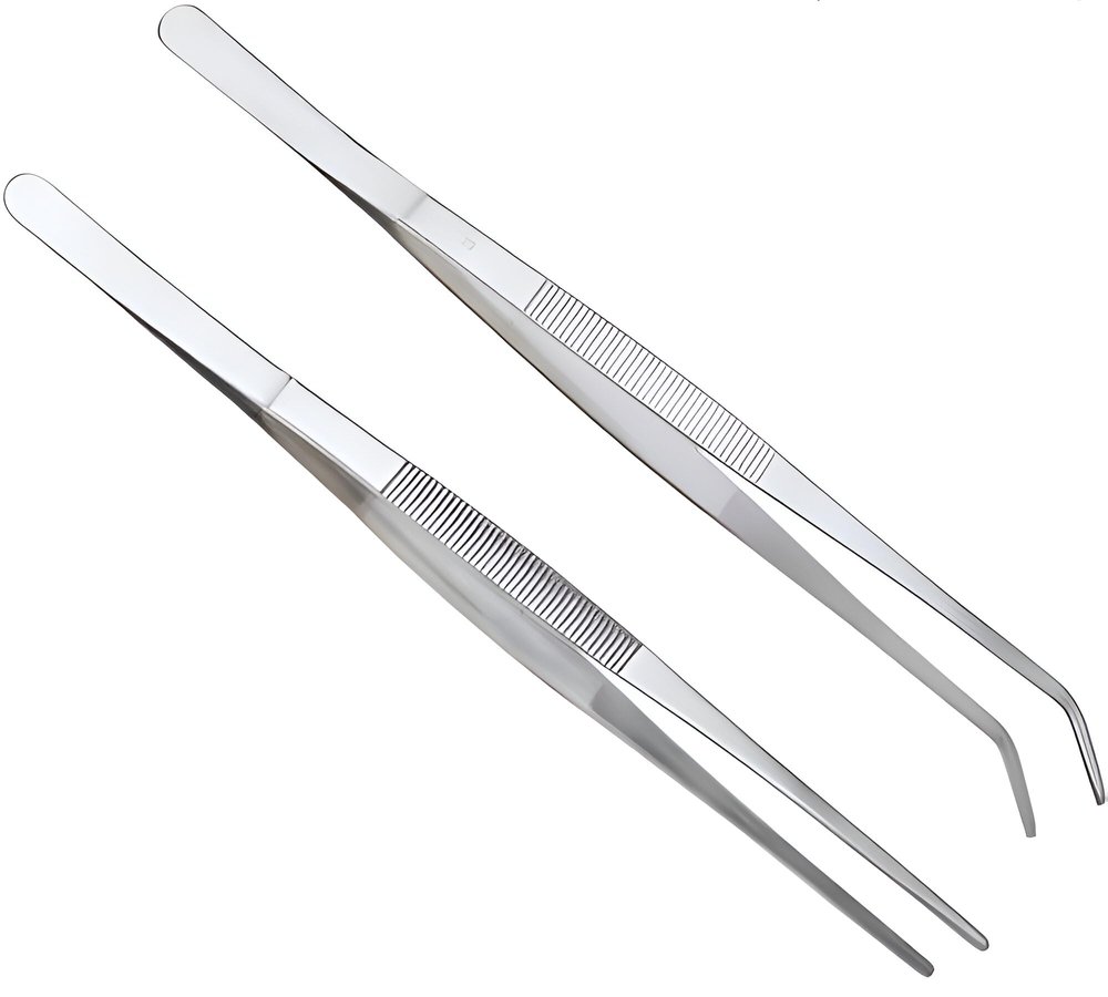BIRDBRID Offset Tweezer Kitchen Tool, Cooking Tongs with Non-Slip Grip, Professional Design, Sleek Silver, 16 CM (Straight, Curved), pack of 2 pcs set