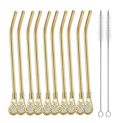 AUGEN Reusable Straws Spoon for Yerba Mate Stainless Steel Straw Spoon Filter Strainers for Loose Tea, Coffee Stirrers, Smoothie Slushy Straws (10 Straws & 2 Cleaning Brush) (Gold)