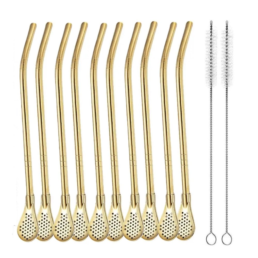AUGEN Reusable Straws Spoon for Yerba Mate Stainless Steel Straw Spoon Filter Strainers for Loose Tea, Coffee Stirrers, Smoothie Slushy Straws (10 Straws & 2 Cleaning Brush) (Gold)