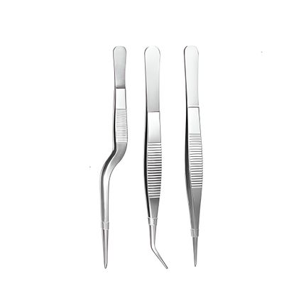 BIRDBRID Offset Tweezer Kitchen Tool & Cooking Tongs with Non-Slip Grip Sleek Silver, 16 CM (Offset, Curved Straight), pack of 3 pcs set