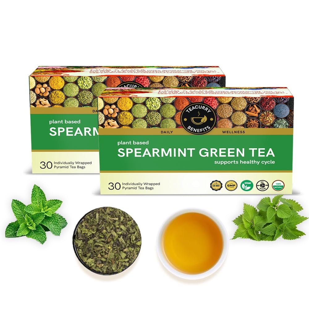 Teacurry Spearmint Green Tea (60 Tea Bags, 2 Month Pack) - Help with Facial Hair, Digestive Wellness & Alertness - 100% Vegan and Caffeine-Free