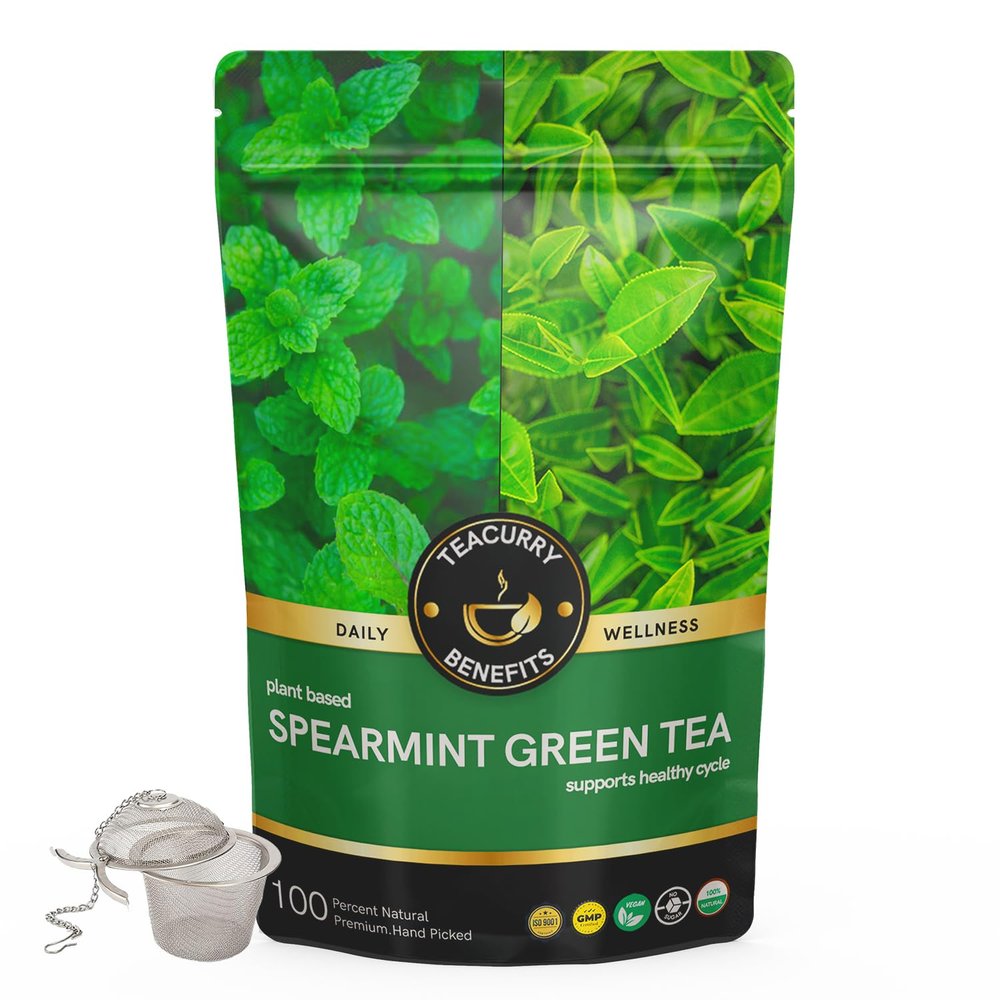 Teacurry Spearmint Green Tea (100 Gms + Infuser) - Help with Facial Hair, Digestive Wellness & Alertness - 100% Vegan and Caffeine-Free