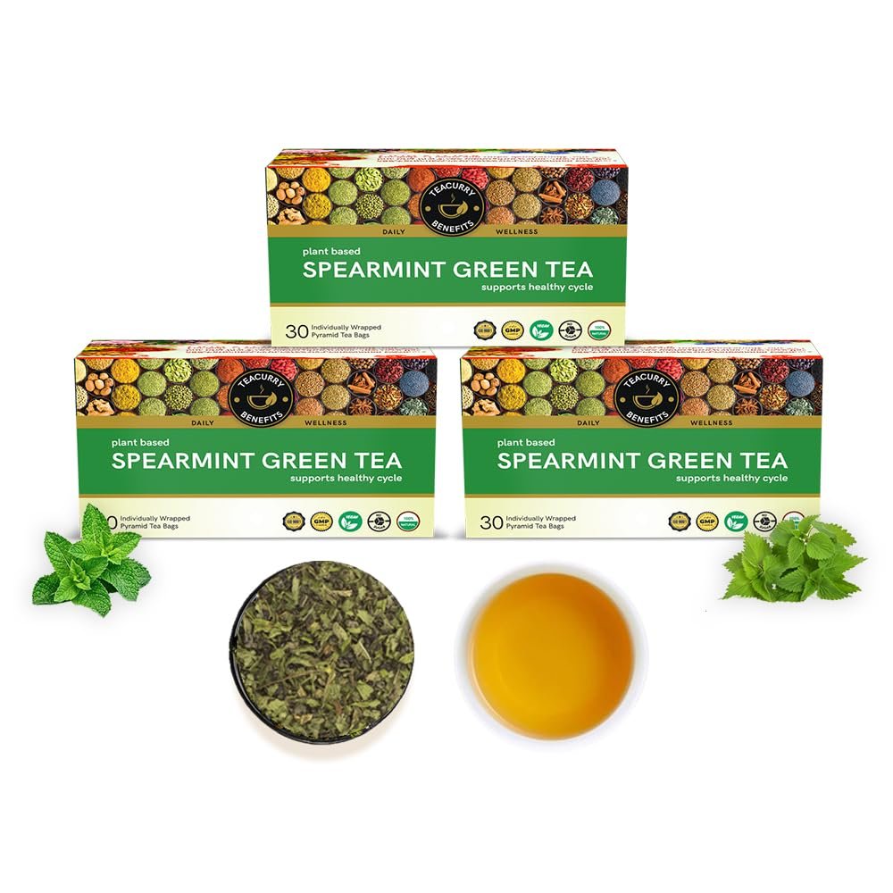 Teacurry Spearmint Green Tea (90 Tea Bags, 3 Month Pack) - Help with Facial Hair, Digestive Wellness & Alertness - 100% Vegan and Caffeine-Free