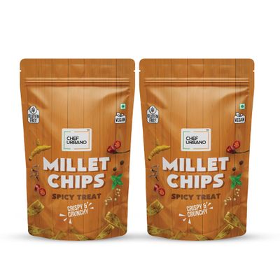 Chef Urbano Millet Chips Spicy Treat 85g Pack of 2 | Gluten Free | | Vegan | Low GI | Crunchy Healthy Snacks | High Protein and Fiber Rich | Good for Diet | Good for Kids