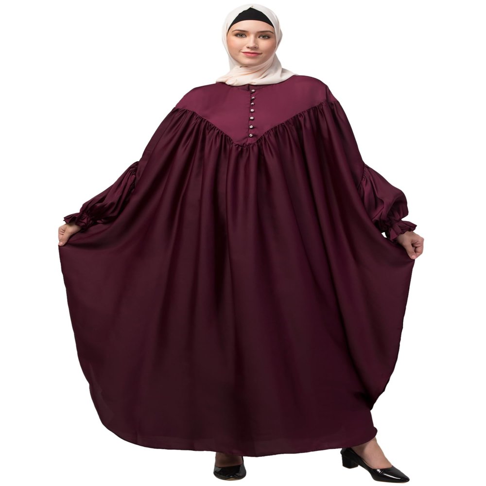 NAZNEEN Yoke and Gathered Front and Back Pleated Sleeve Free Size Kaftan Abaya Maroon
