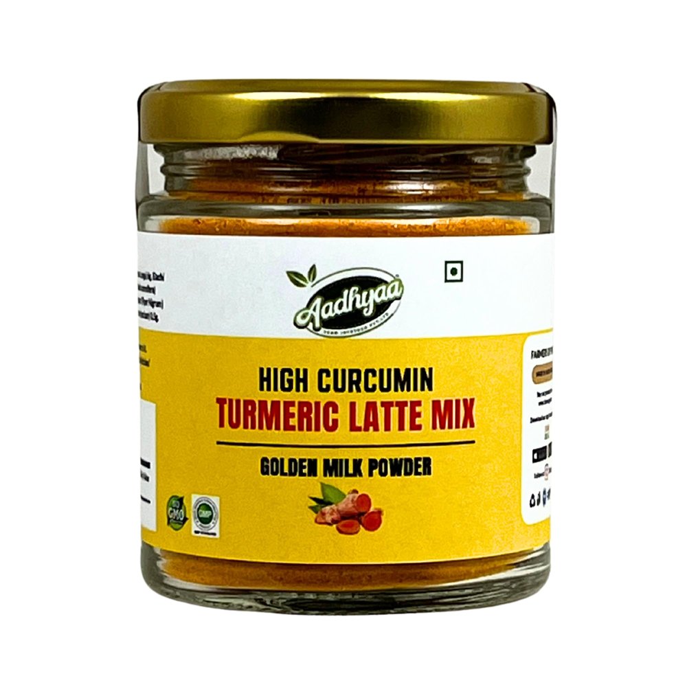 Aadhyaa High Curcumin Turmeric Latte - Milk Latte Pre Mix with Ashwagandha Blend - Enjoy the Benefits of Turmeric and Ashwagandha in a Delicious Latte - 100g Glass Bottle