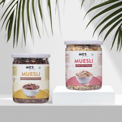 Mo's Millet Muesli Combo | Berry Nut Crunch & Madagascar Chocolate | Healthy Breakfast Muesli | 90% Whole Grain | Protein Rich | Clean Ingredients