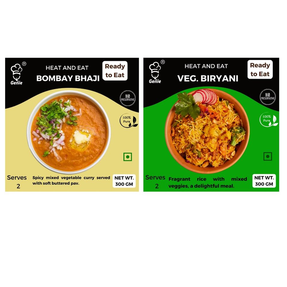 GENIE'S READY TO EAT BOMBAY BHAJI AND VEG. BIRYANI | 300 GM +300 GM | HEAT AND EAT | NO PRESERVATIVES | READY IN 5 MINS