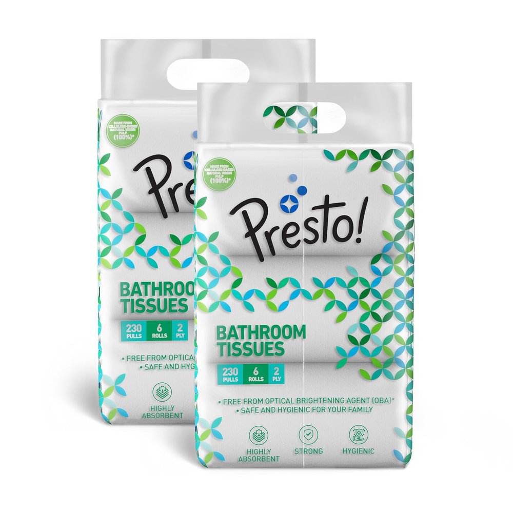 Amazon Brand - Presto! 2 Ply Toilet Tissue Paper | 2760 Pulls | 230 Pulls X 12 Packs | 100% Natural Virgin Cellulose Fiber