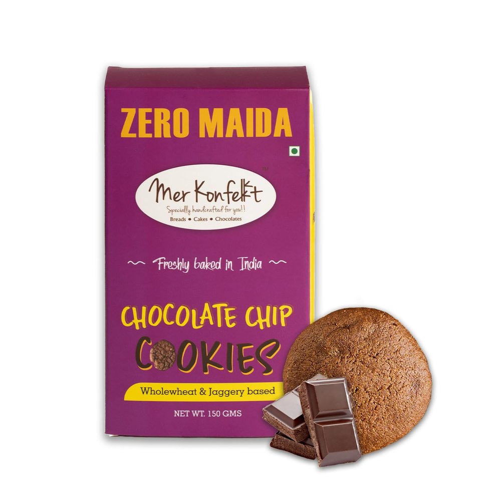 Mer Konfekt - Zero Maida Chocolate Chip Cookies | Baked Fresh | Jaggery Based | No Refined Sugar | 100% Whole Wheat | No Preservatives | No Chemicals | Healthy Snack | Party Snack | 150 gms