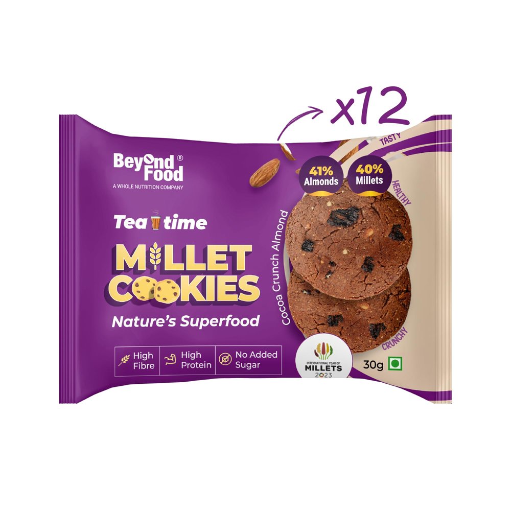 Beyond Food Protein Millet Sugar Free Cookies (Pack of 12) | Gluten Free | No Added Sugar | Healthy Cookies with Ragi, Jowar & Natural Ingredients | Box of Cocoa Crunch Almomd Biscuits for Adults