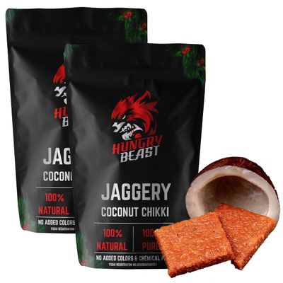 100% Pure and Natural Jaggery Coconut Chikki | Bellam Kobbari Achu | Kopra Chikki | Coconut Chrush Chikki | Kobbari Achu | Coconut Bar full of Nutritions - 1000 Grams (pack of 2)