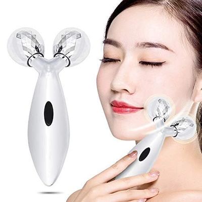 3D Manual Solar Powered Face Body Roller Massager, 3D Roller Face Massager Y-Shape Face Lift Tool Firming Beauty Massage Body Face Massager - Silver -pack of -1