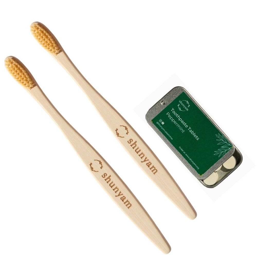 Shunyam Bamboo Toothbrush & Toothpaste Tablets Travel Pack | Eco-Friendly Oral Care Combo | Sustainable Bamboo Brushes (Pack of 2) & Zero Waste Peppermint Tooth Tablets (30 Tablets)