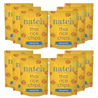 Natch Thai Sticky Rice Chips, Gluten Free, Vegan, Party Family Pack, All Natural Crunchy Crackers (Sesame) 25gm Each (Pack of 12)