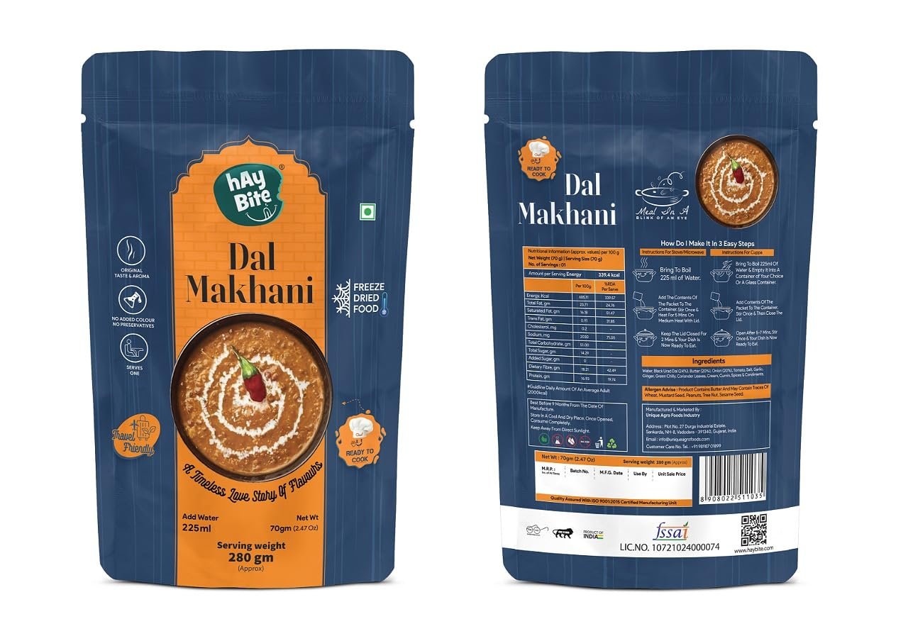 HAY BITE Dal Makhani Instant Mix | Pack of 1 | Serves up to 280 g per Pack | Freeze-Dried Food Technology | Ready to Cook and Eat | No Preservatives | Free from Artificial Colors and Flavors
