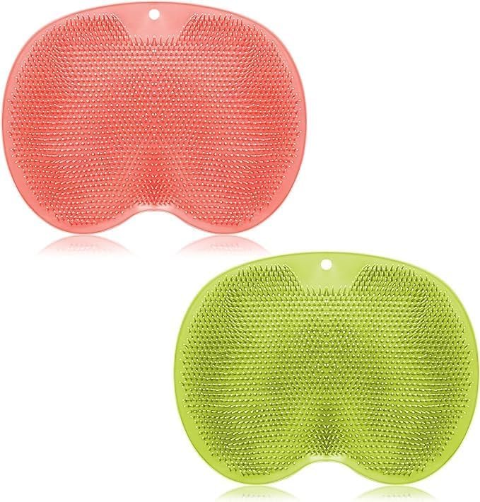 2 Pieces Shower Foot Scrubber Mat Hands Free Back Scrubber for Shower Wall Mounted Bath Massage Pad Back Scrubber Back with Non Slip Suction Cups Foot Cleaner for Men Women (Pink, Green)