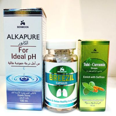 Health and Wellness Combo  Alkapure (High pH Alkaline Water), Tulsi Curcumin Drop (Immunity Booster), and Breezil Capsule (Lung Detox and Asthma Support)