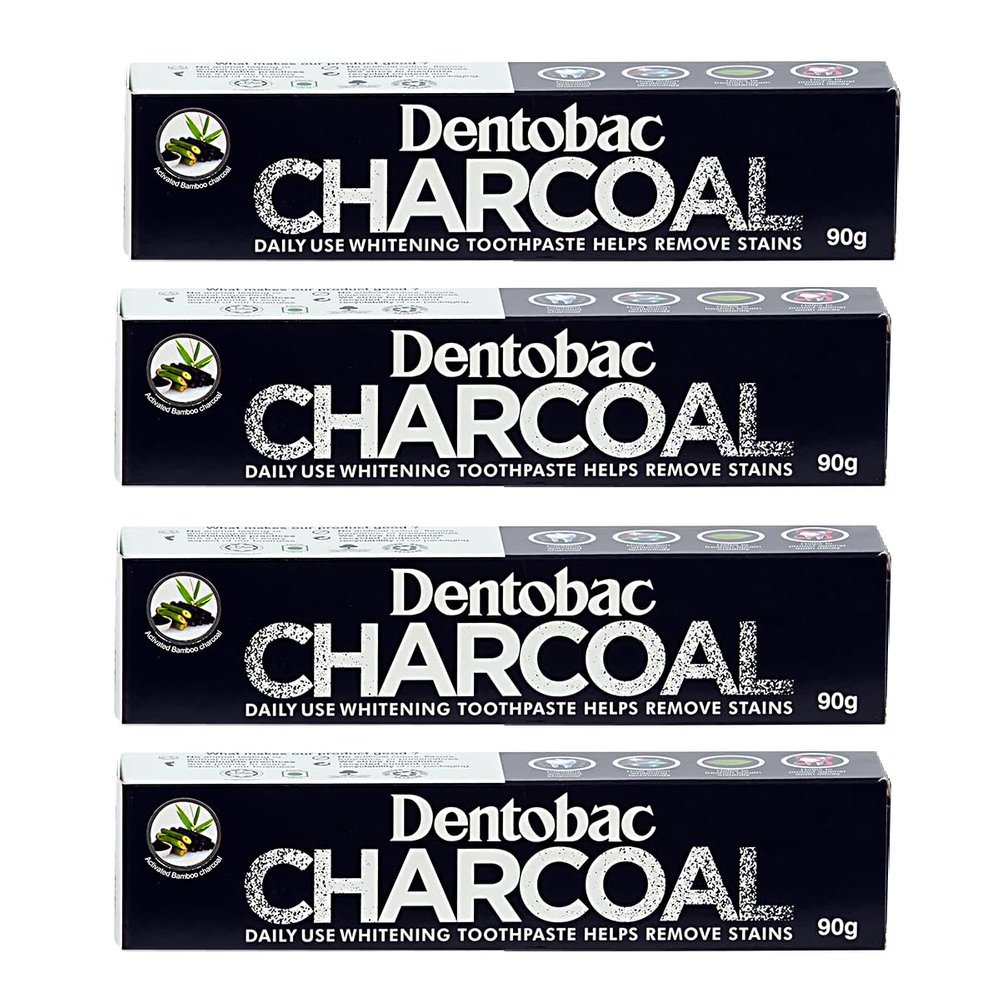 Dentobac Activated Charcoal Toothpaste (90g x 4)  Black Gel Formula | Fluoride-Free Whitening Toothpaste | Fights Plaque, Tartar & Stains | Herbal Fresh & Cooling Mouthfeel