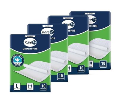 KareIn Classic Underpads, Large, 60 x 90 Cm, Superior Absorbency, Leak Proof, 40 Count (Pack of 4)