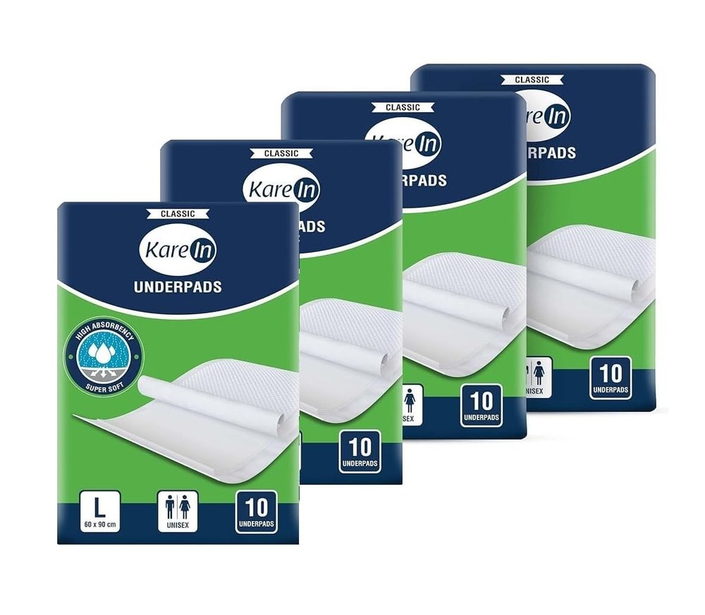 KareIn Classic Underpads, Large, 60 x 90 Cm, Superior Absorbency, Leak Proof, 40 Count (Pack of 4)