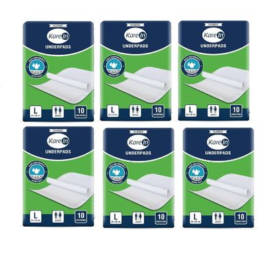 KareIn Classic Underpads, Large, 60 x 90 Cm, Superior Absorbency, Leak Proof, 60 Count (Pack of 6)
