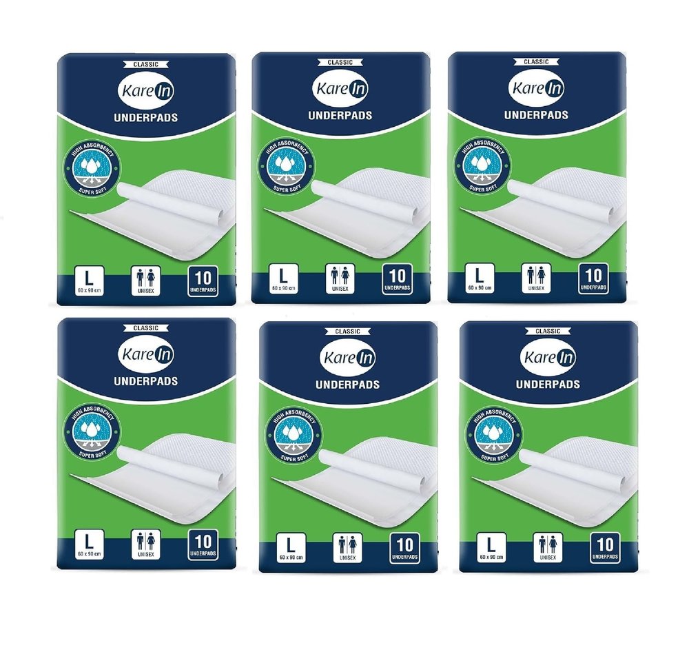 KareIn Classic Underpads, Large, 60 x 90 Cm, Superior Absorbency, Leak Proof, 60 Count (Pack of 6)