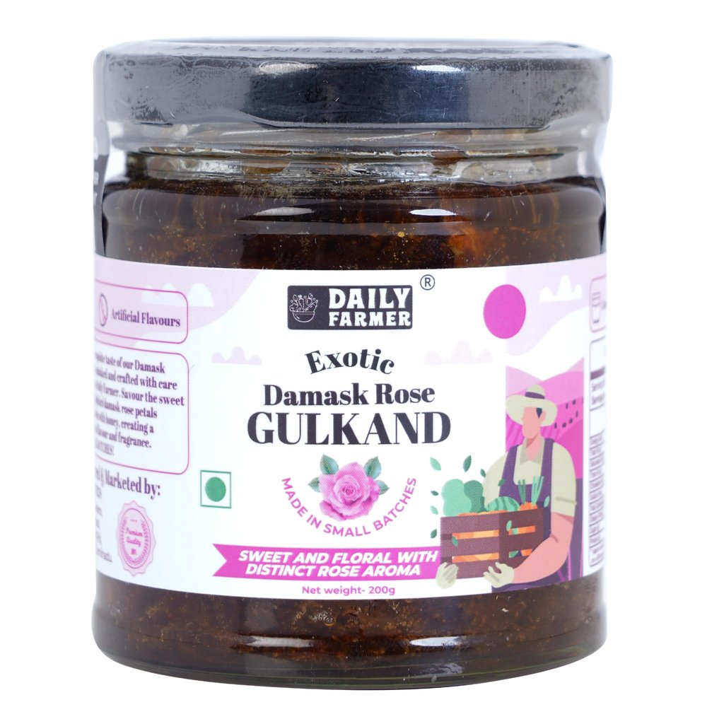 Daily Farmer Exotic Damask Rose Gulkand with Honey (Rose Petal Jam), 200g [100% Natural | Sun Cooked | Nature's Coolant | Made in small batches | No Preservatives]