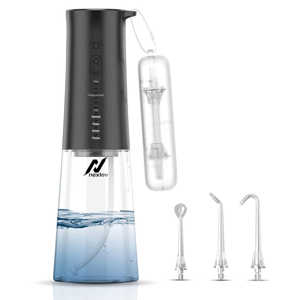 Nexlev Dental Flosser| 6 Water Pressures| 4 Cleaning Modes| 2 Nozzle Tips, Tongue Cleaner, Carry Case for Tips| USB-C Charging| 1500mAh| 250ml Tank| IPX7 Water Proof| Carry Pouch | Aqua DF-01-BK