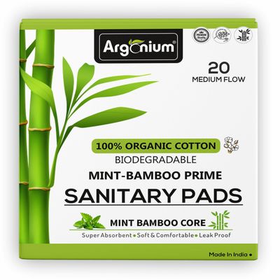 Argonium Mint-Bamboo Prime Sanitary Pad For Women | 20 Pads - Medium Flow (XL) |Base Biodegradable Bamboo Pure Cottene, High Absorbent, Day-Night Napkin, Rash-Toxin-Free