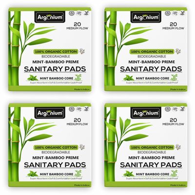 Argonium Mint-Bamboo Prime Sanitary Pad For Women | 80 Pads - Medium Flow (XL) |Base Biodegradable Bamboo Pure Cottene, High Absorbent, Day-Night Napkin, Rash-Toxin-Free