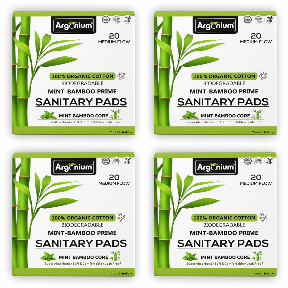Argonium Mint-Bamboo Prime Sanitary Pad For Women | 80 Pads - Medium Flow (XL) |Base Biodegradable Bamboo Pure Cottene, High Absorbent, Day-Night Napkin, Rash-Toxin-Free